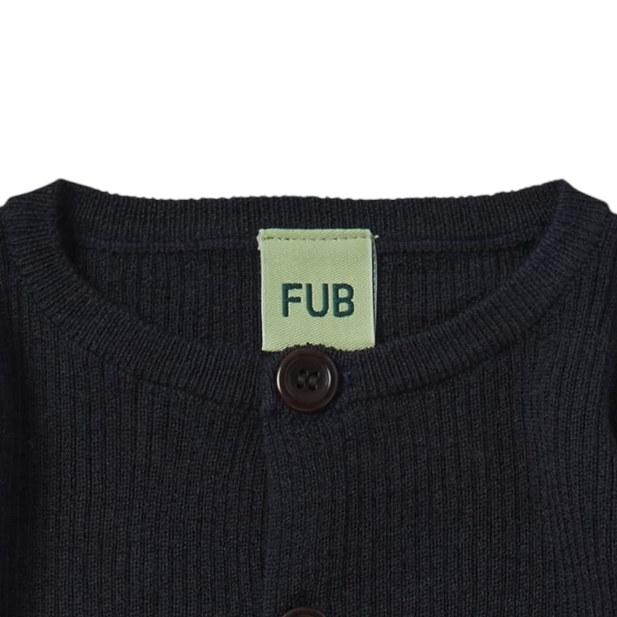Ribbed cardigan by Fub made of 100% merino wool, sizes 62-92, color: dark navy