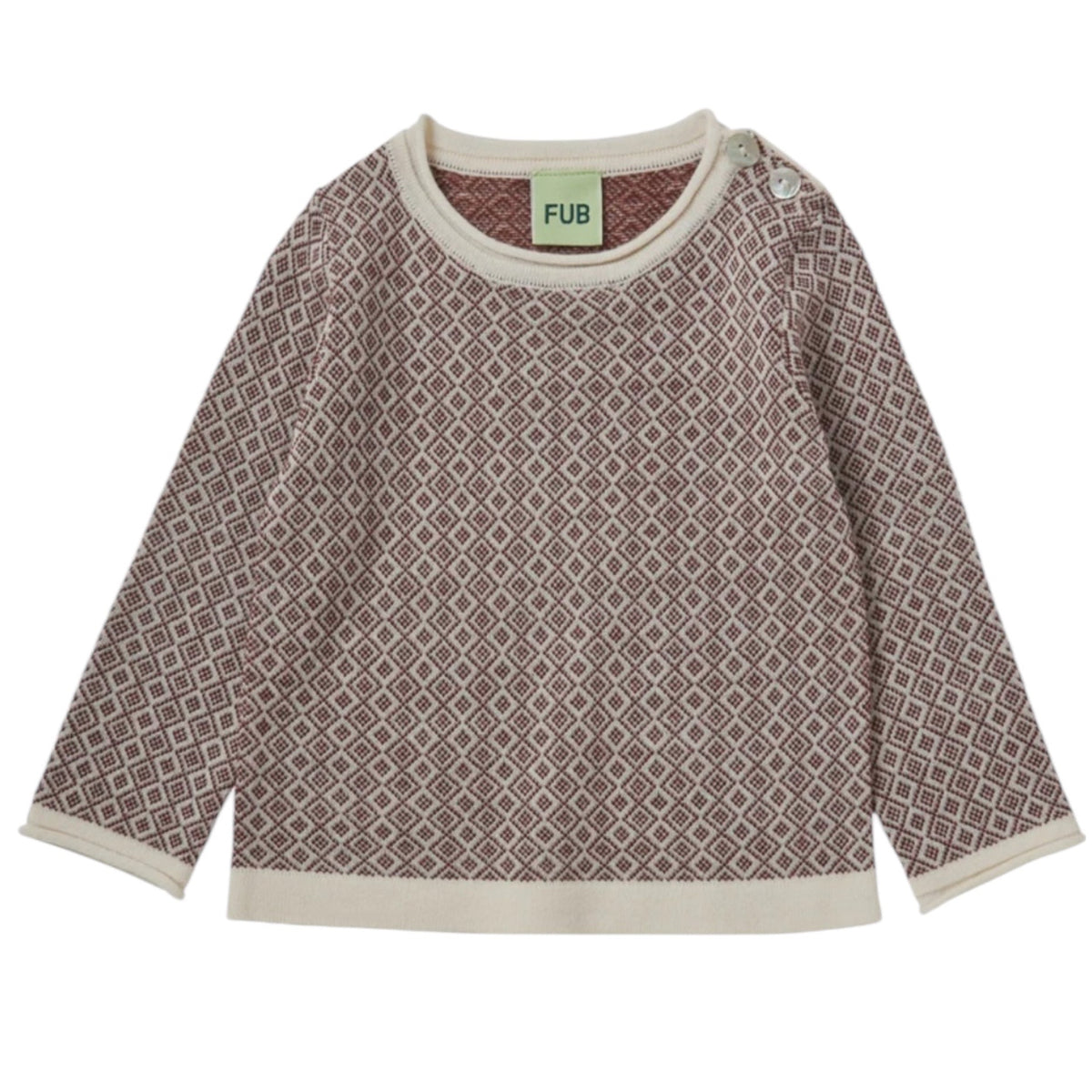 Extra-fine jacquard knitted pullover by Fub in merino wool, sizes 62-92, color: clay/ecru