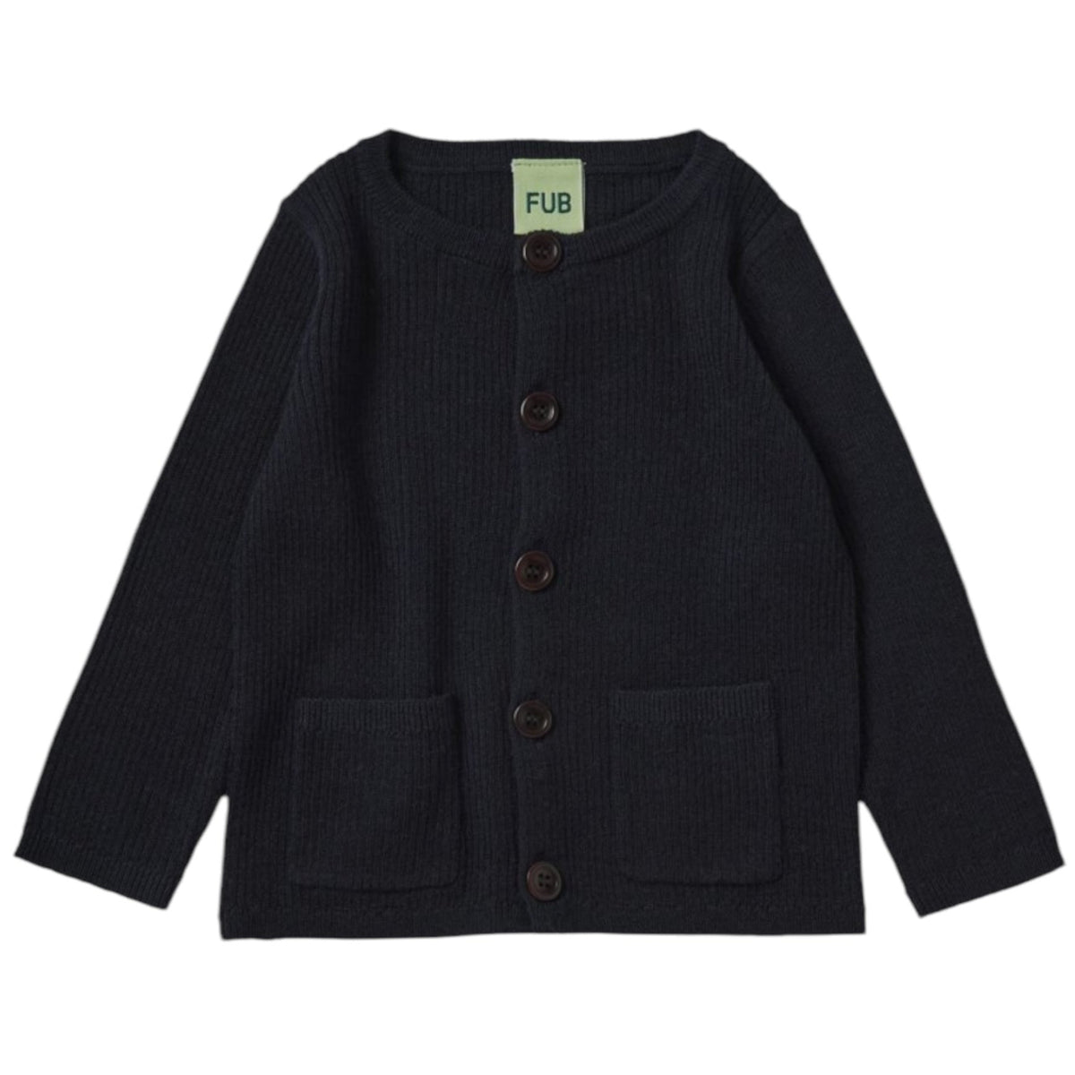 Ribbed cardigan by Fub made of 100% merino wool, sizes 62-92, color: dark navy