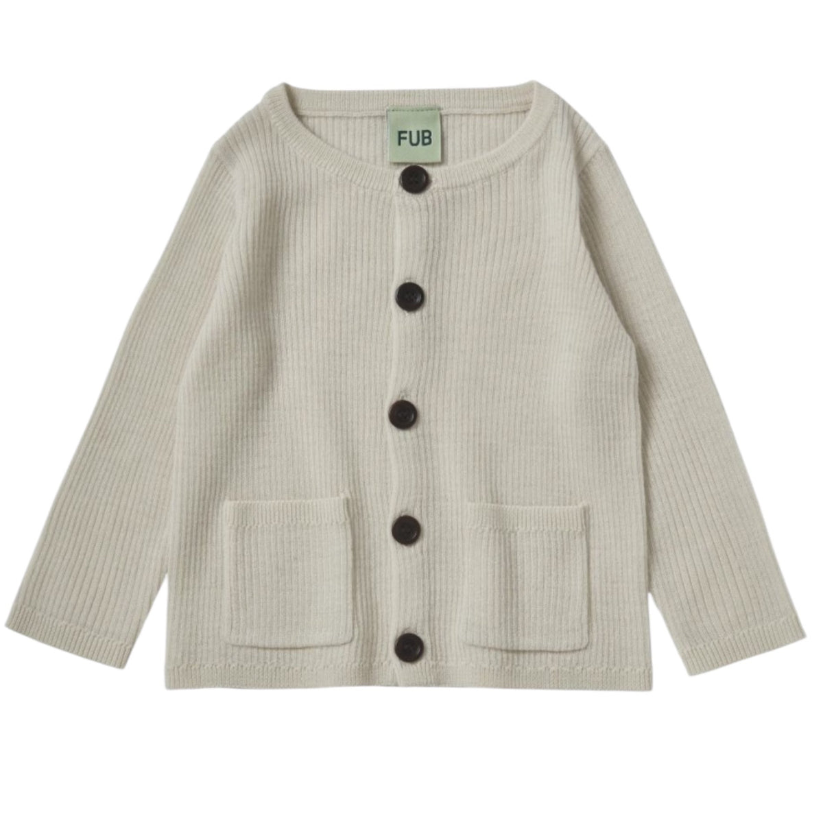 Ribbed cardigan by Fub made of 100% merino wool, sizes 62-92, color: ecru