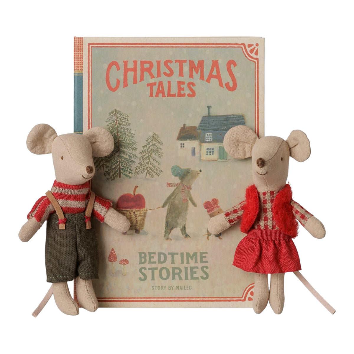 Weihnachts-Zwillingsmäuse, kleine Schwester und Bruder im Buch von Maileg