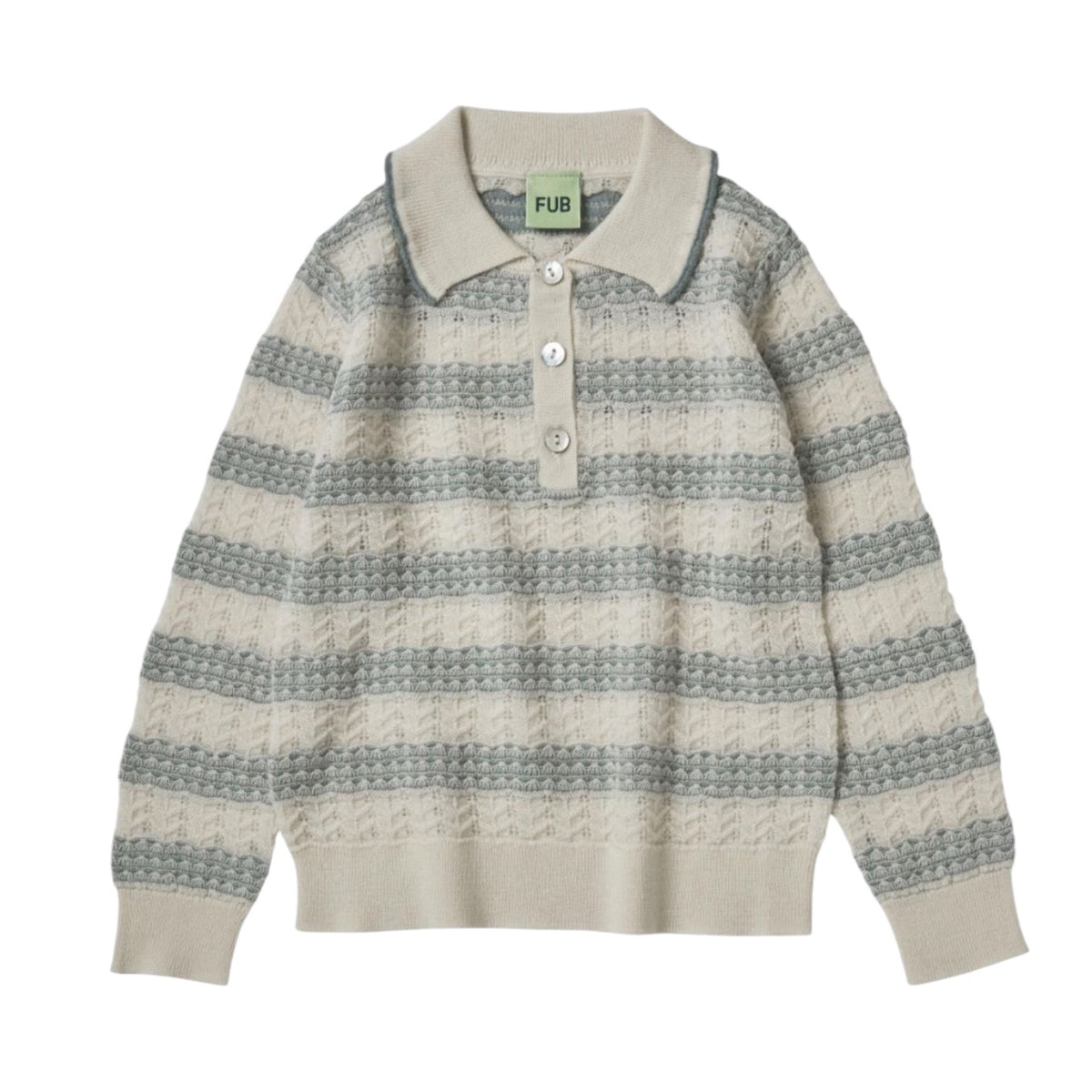 Pointelle polo shirt made of merino wool by Fub, size 100-150, color: ecru/misty green