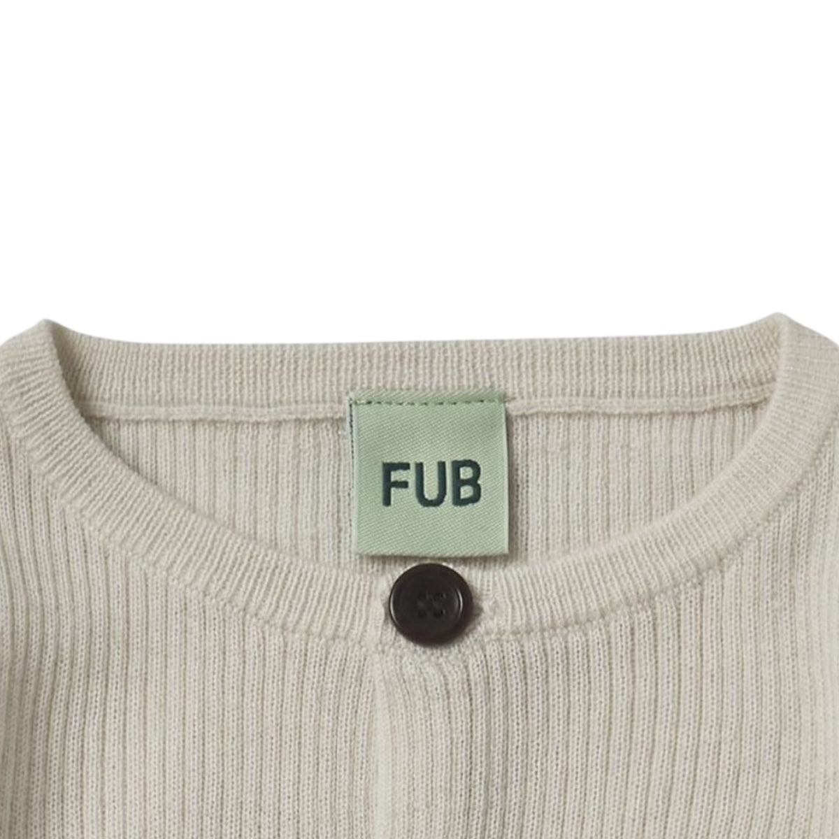 Ribbed cardigan by Fub made of 100% merino wool, sizes 62-92, color: ecru